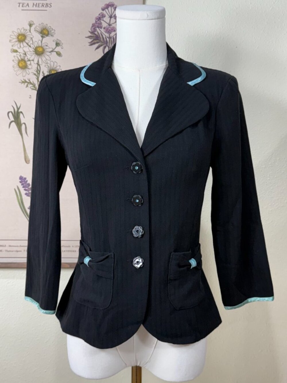 90s Y2k Pinstripe Flower Button Bow Blazer Jacket Dark Coquette Office Siren S